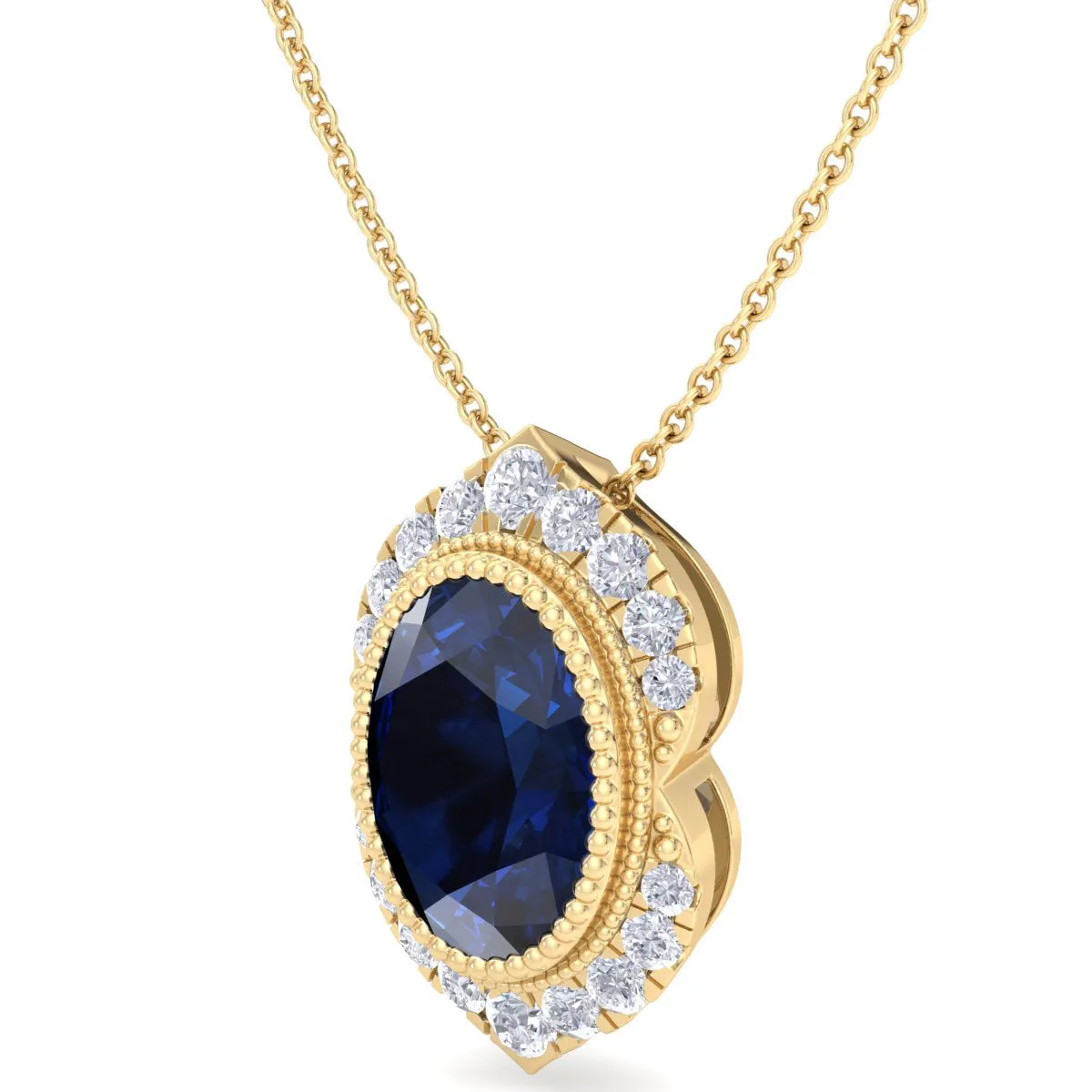 1 3/4 Carat Oval Shape Sapphire And Diamond Necklace In 14K Yellow Gold