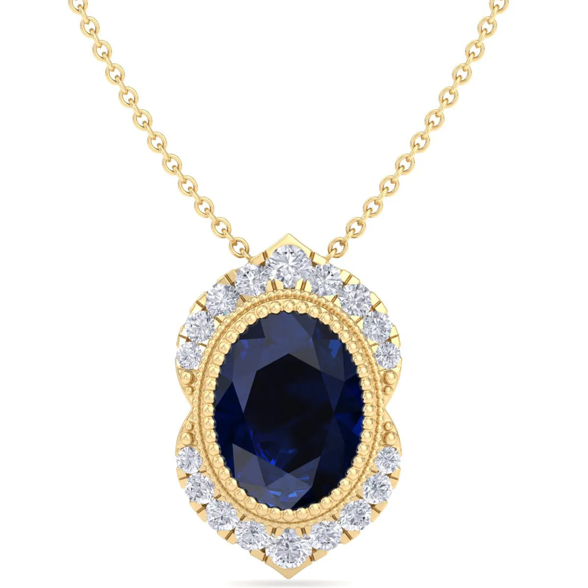 1 3/4 Carat Oval Shape Sapphire And Diamond Necklace In 14K Yellow Gold