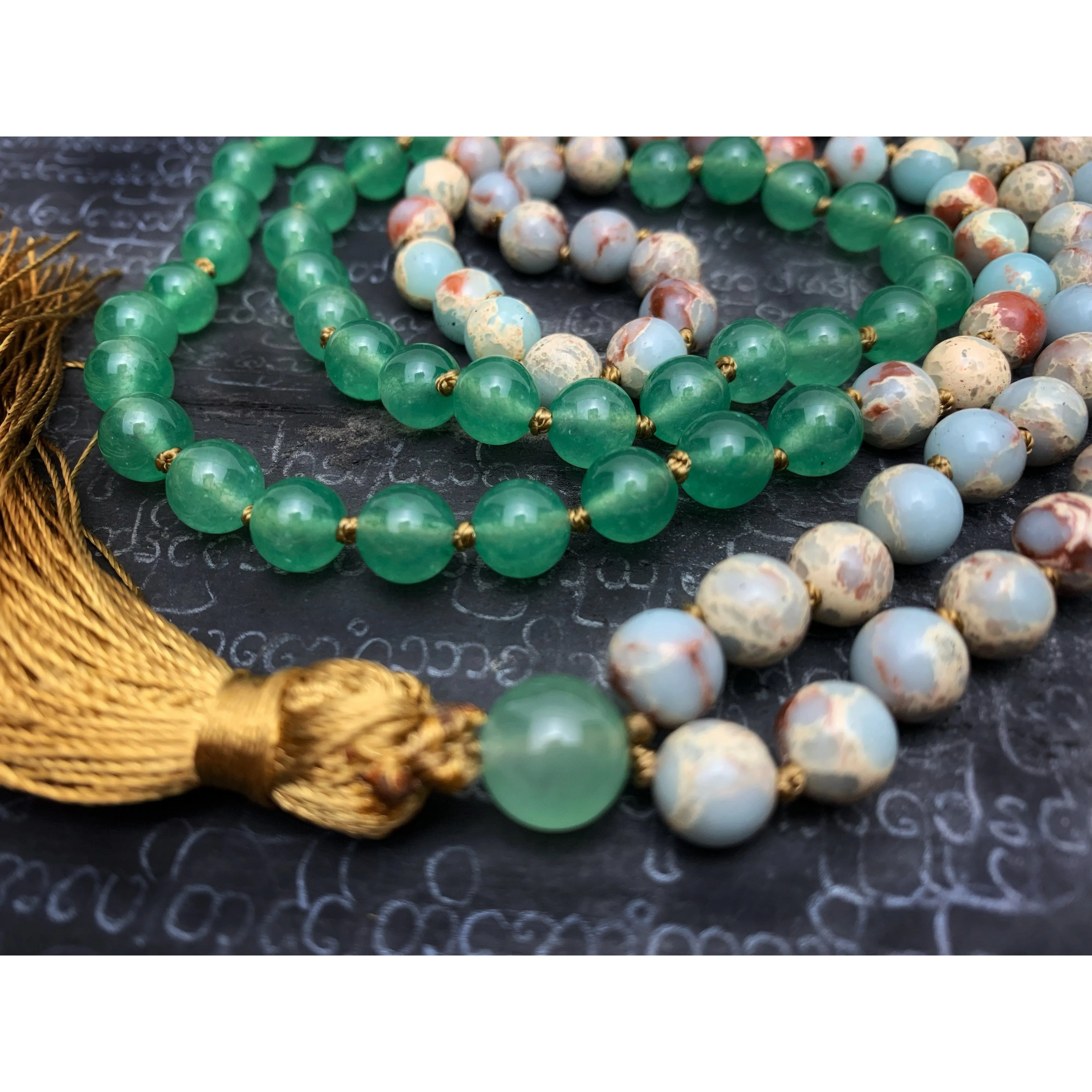 African Opal with Green Aventurine 8mm Knotted Mala with Silk Tassel #114