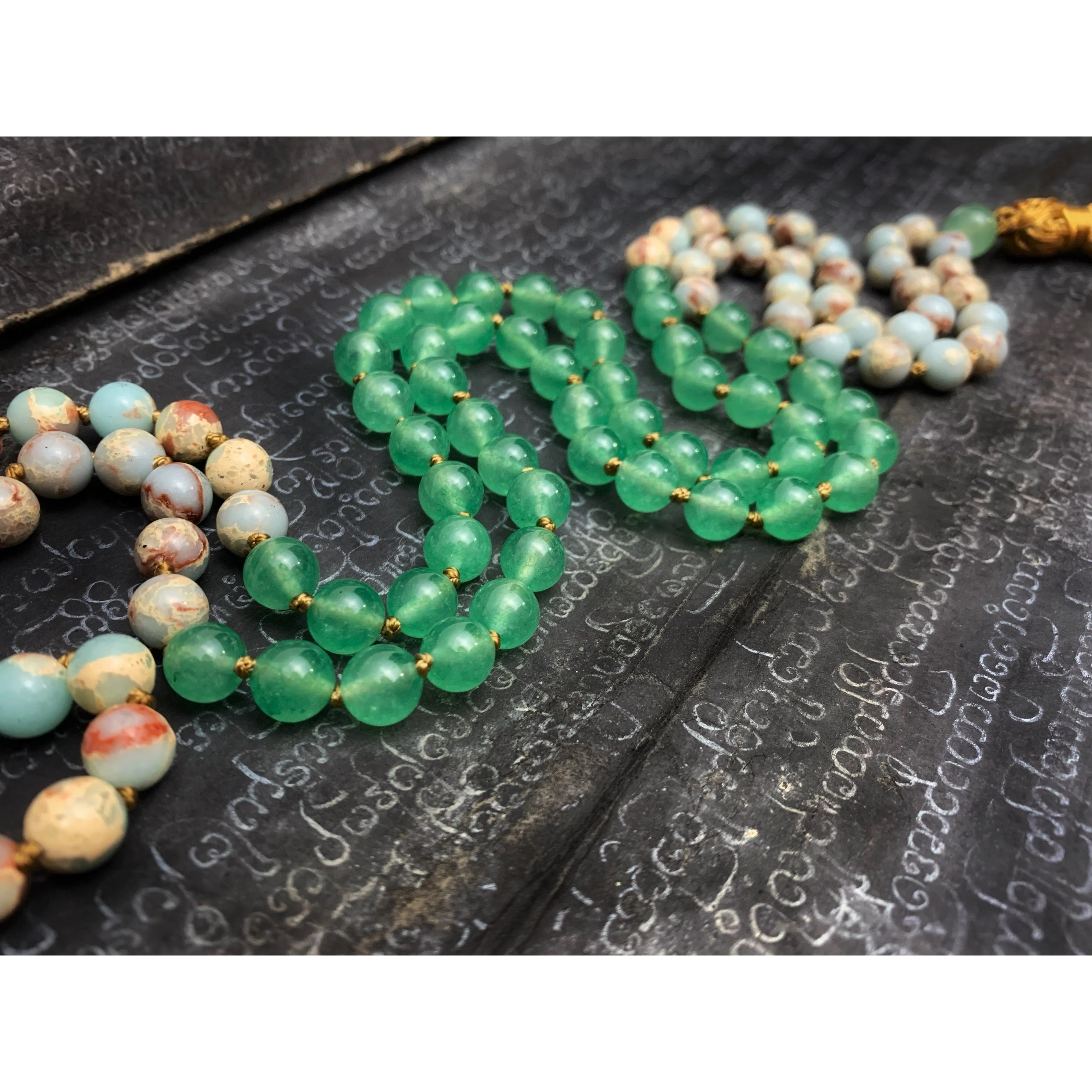 African Opal with Green Aventurine 8mm Knotted Mala with Silk Tassel #114