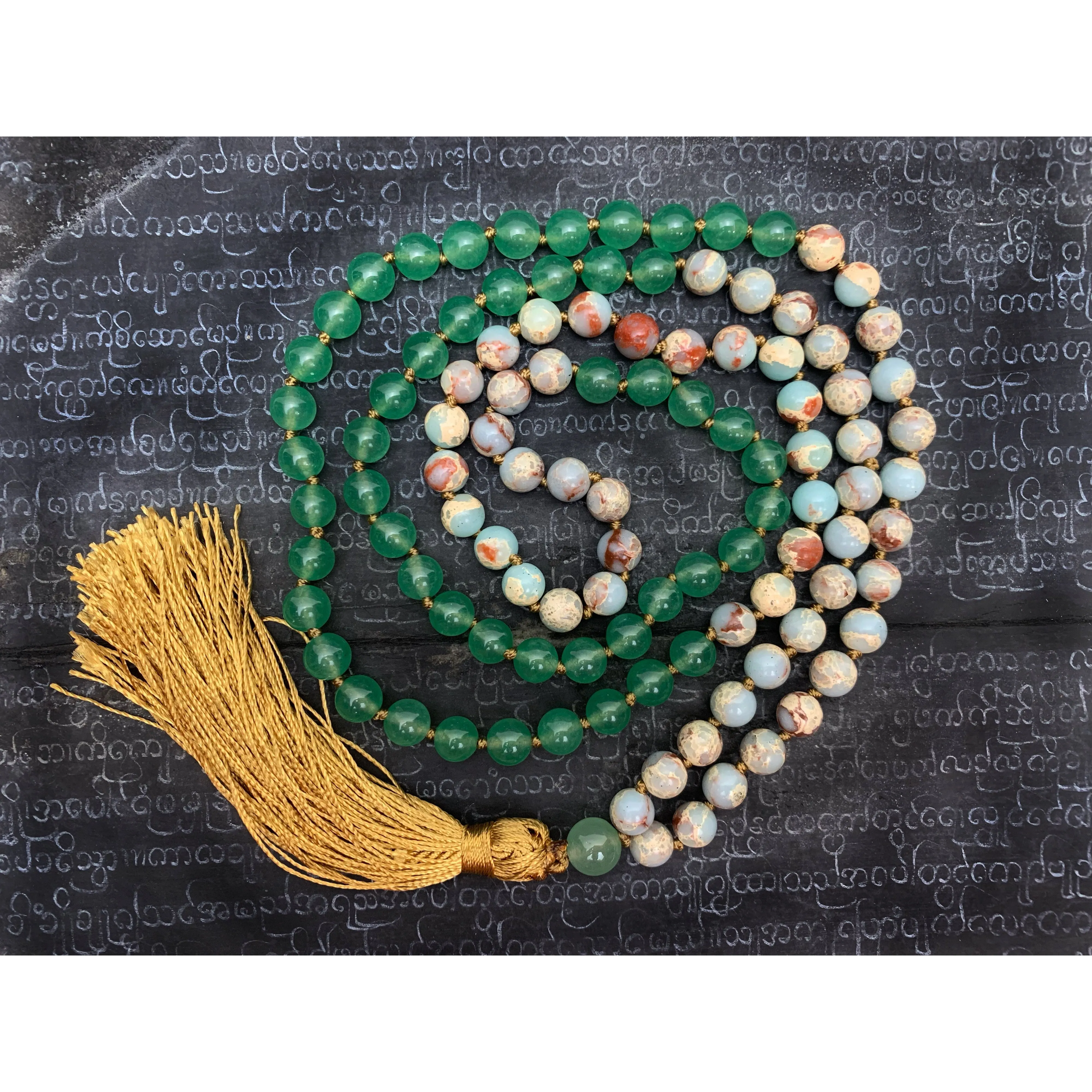 African Opal with Green Aventurine 8mm Knotted Mala with Silk Tassel #114