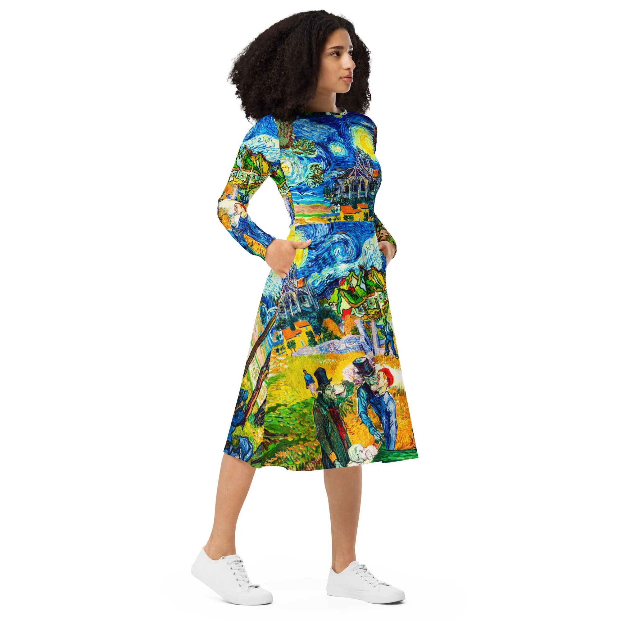 All-over print long sleeve midi dress