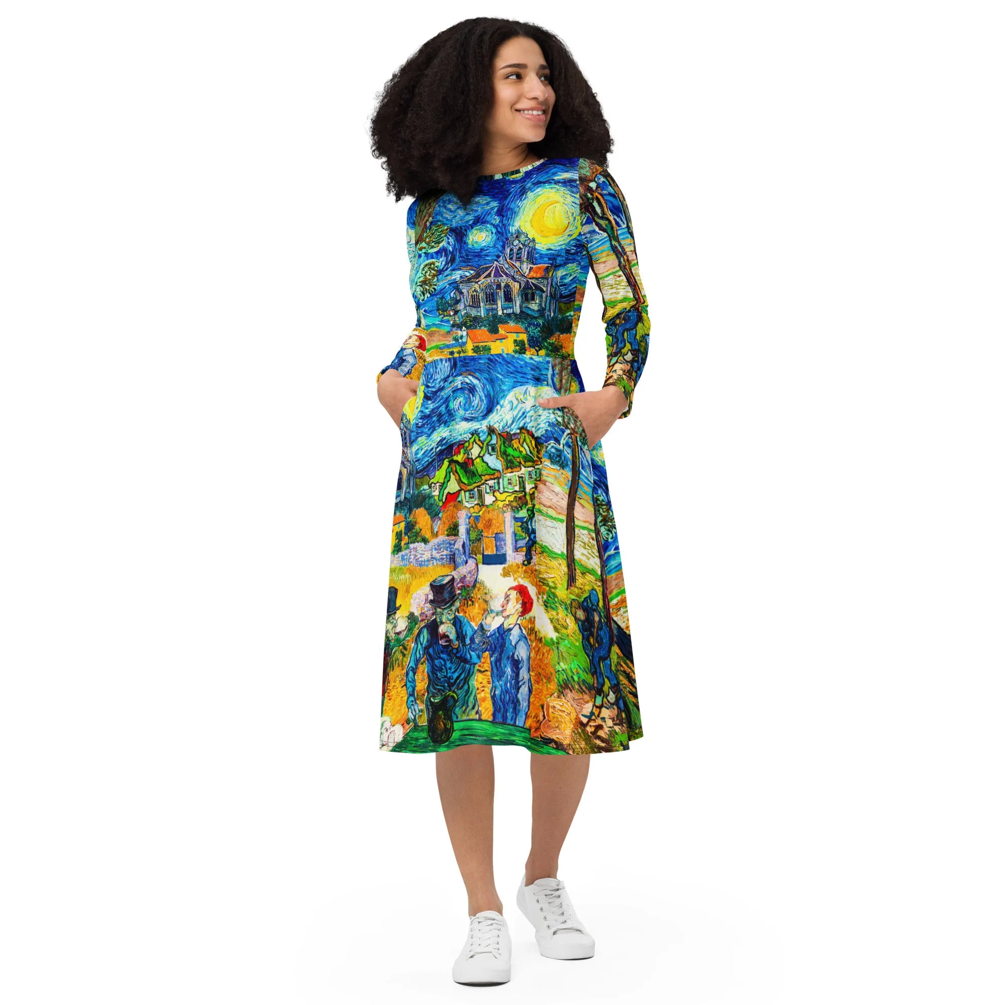 All-over print long sleeve midi dress