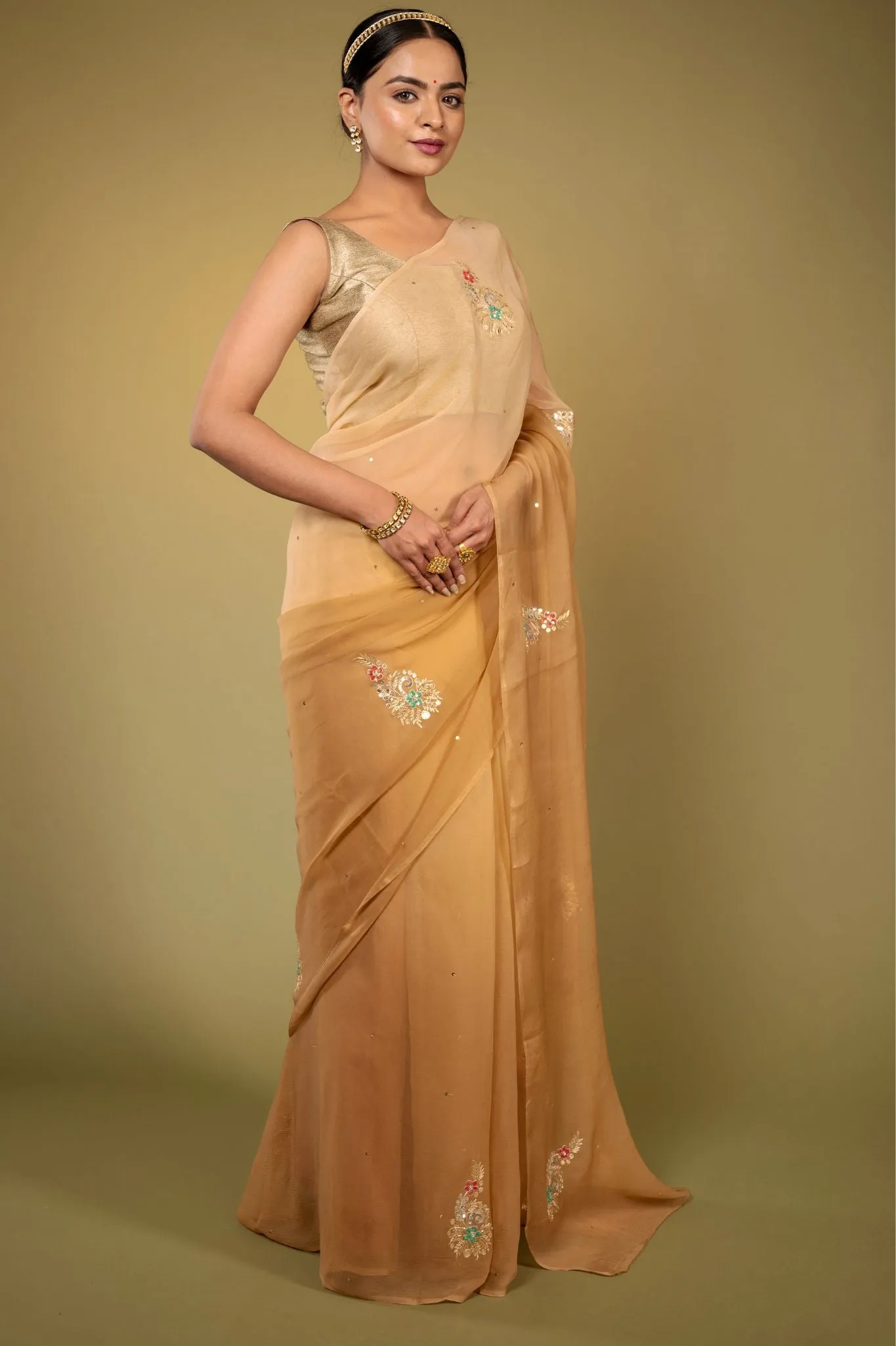 Brown Viscose Chiffon Aari sequins work Saree