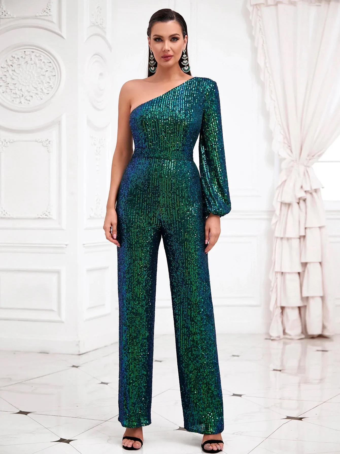 Diagonal Collar One Shoulder Long Sleeve Sequin Evening Party Maxi Jumpsuit - Green