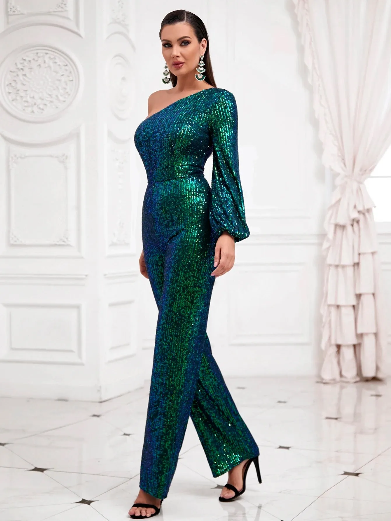 Diagonal Collar One Shoulder Long Sleeve Sequin Evening Party Maxi Jumpsuit - Green