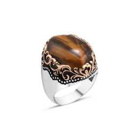 Domic Ellipse Tiger Eye Stone Silver Men's Ring with Wavy Top Pattern Around