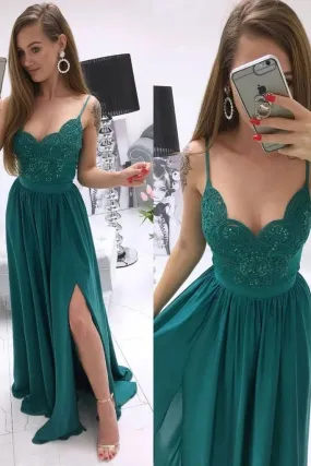 Green Prom Dress with Slit, Prom Dresses, Evening Dress, Dance Dress, Graduation School Party Gown, PC0347