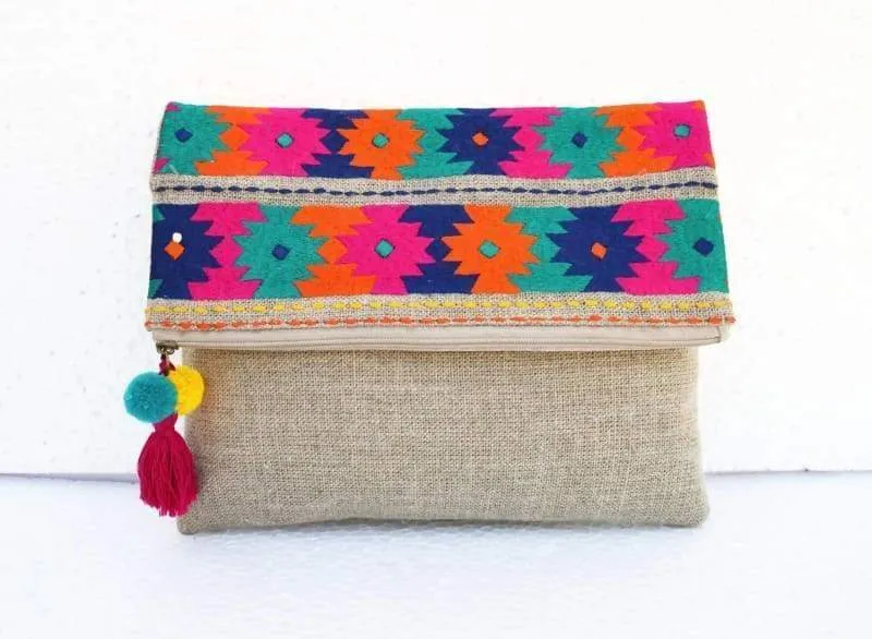 Kilim Moroccan Pattern foldover Clutch in Pure Linen