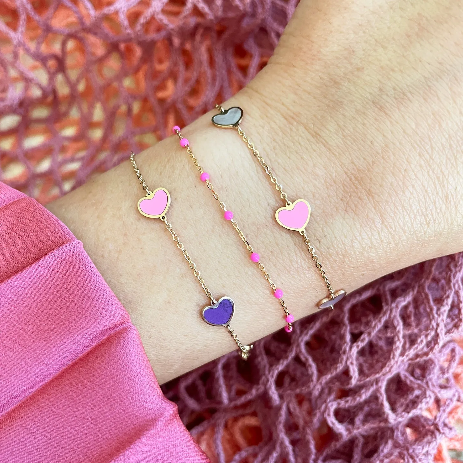 Mother of Pearl and Bubblegum Pink Mixed Heart Station Bracelet