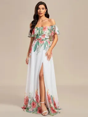 Off Shoulder Split Printed Chiffon Evening Dresses