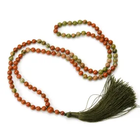 Red Jasper and Unakite 6mm Knotted Mala with Silk Tassel #96