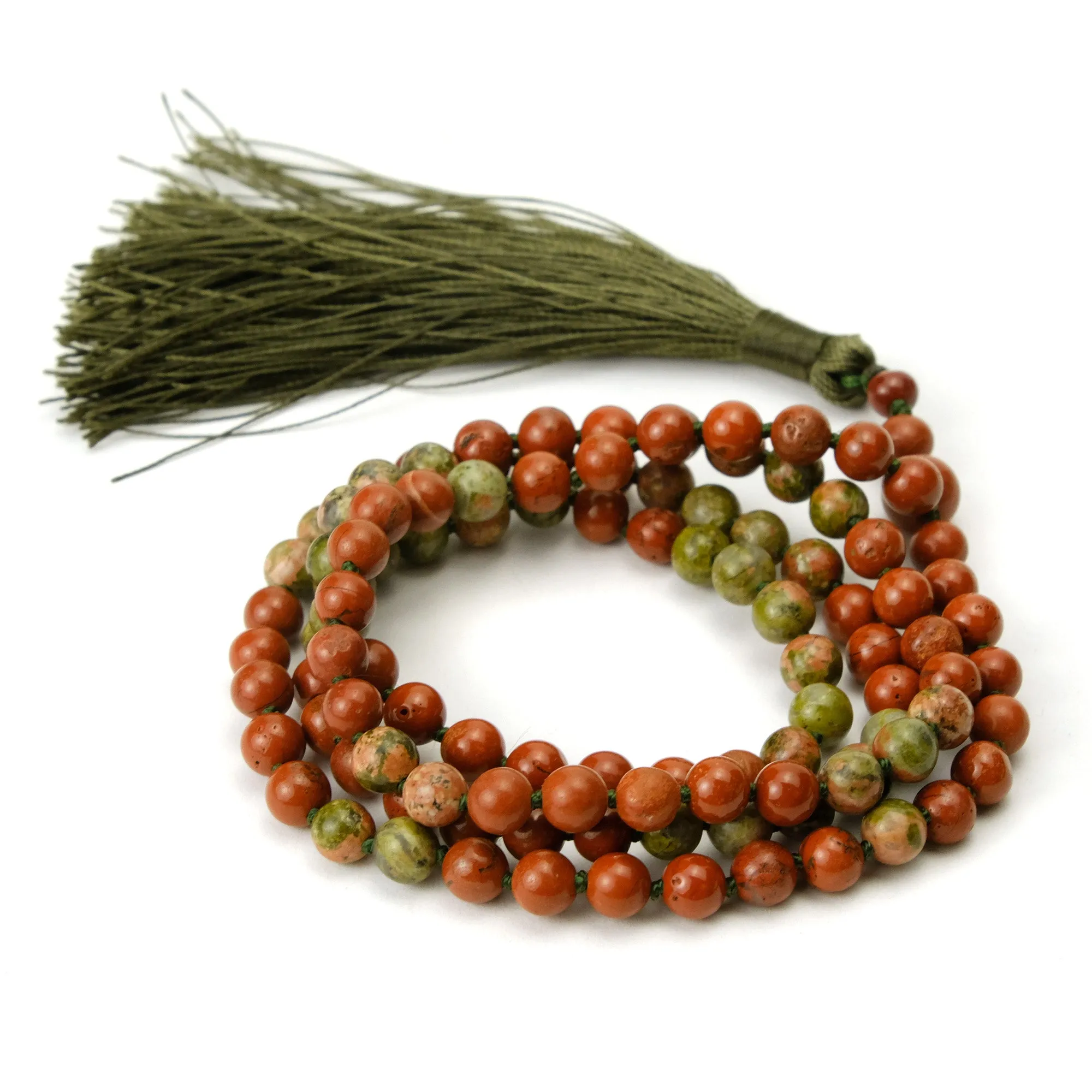 Red Jasper and Unakite 6mm Knotted Mala with Silk Tassel #96