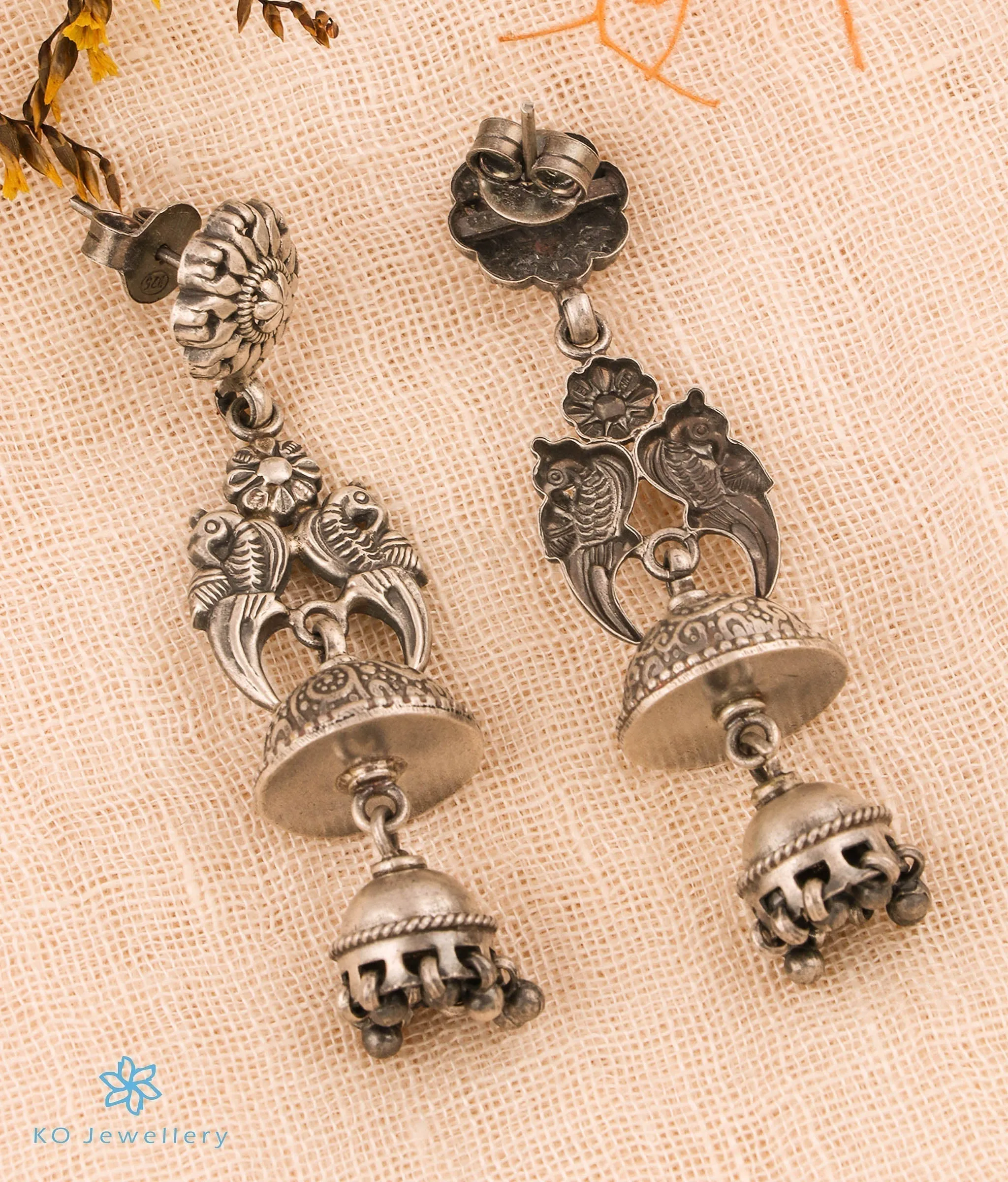 The Ayomukha Silver Antique Parrot Jhumkas