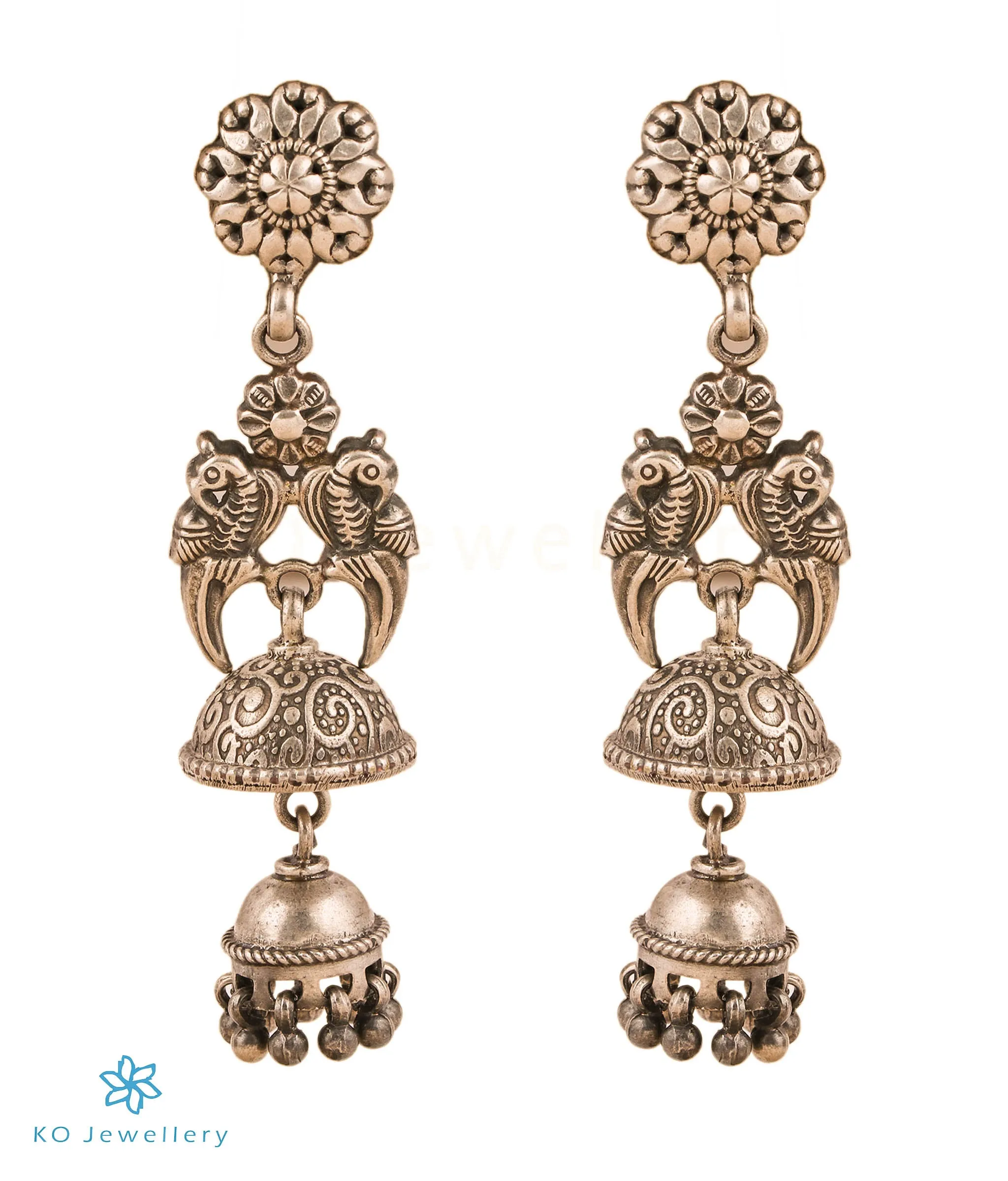 The Ayomukha Silver Antique Parrot Jhumkas