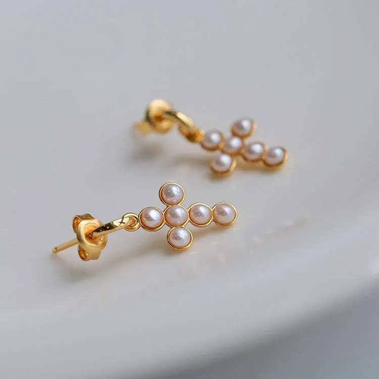 Vintage Cross Pearl Earrings Gold Vermeil