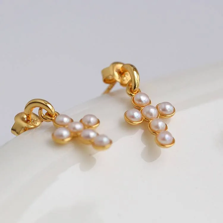 Vintage Cross Pearl Earrings Gold Vermeil