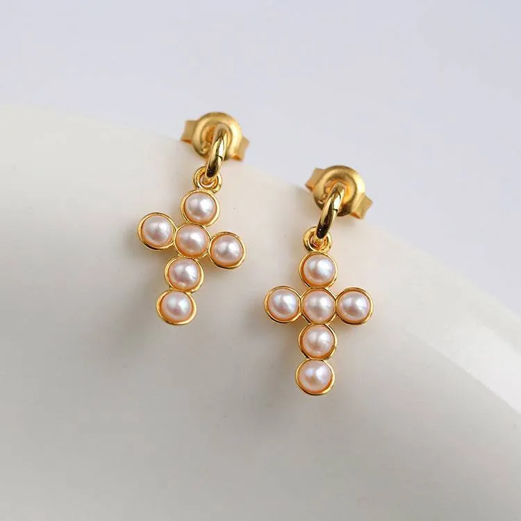 Vintage Cross Pearl Earrings Gold Vermeil