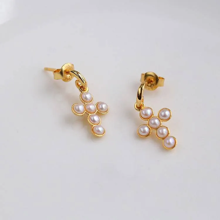 Vintage Cross Pearl Earrings Gold Vermeil