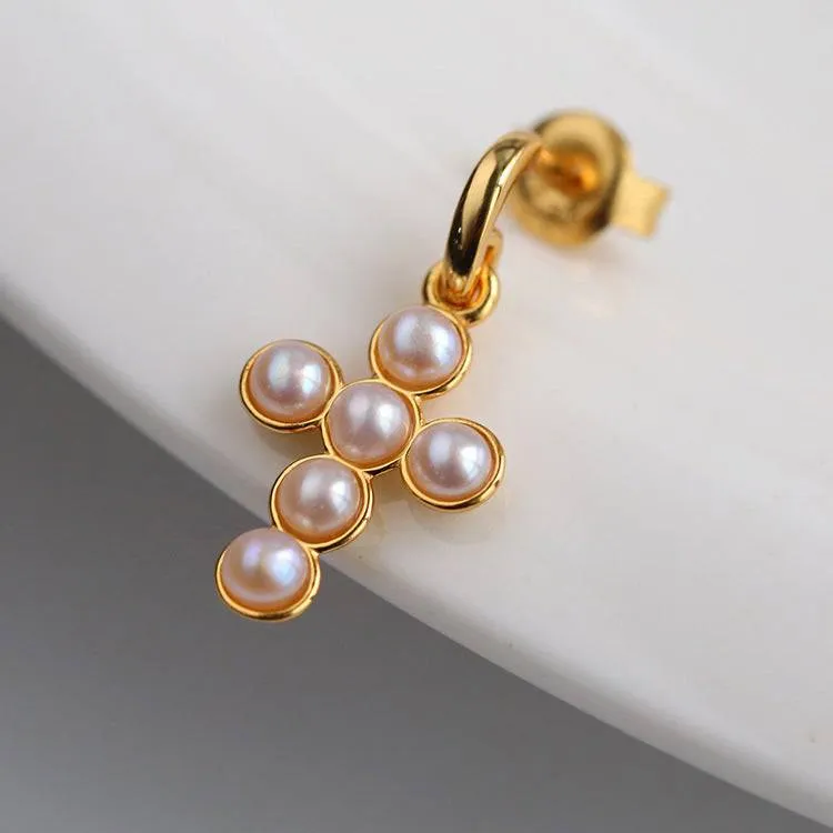 Vintage Cross Pearl Earrings Gold Vermeil