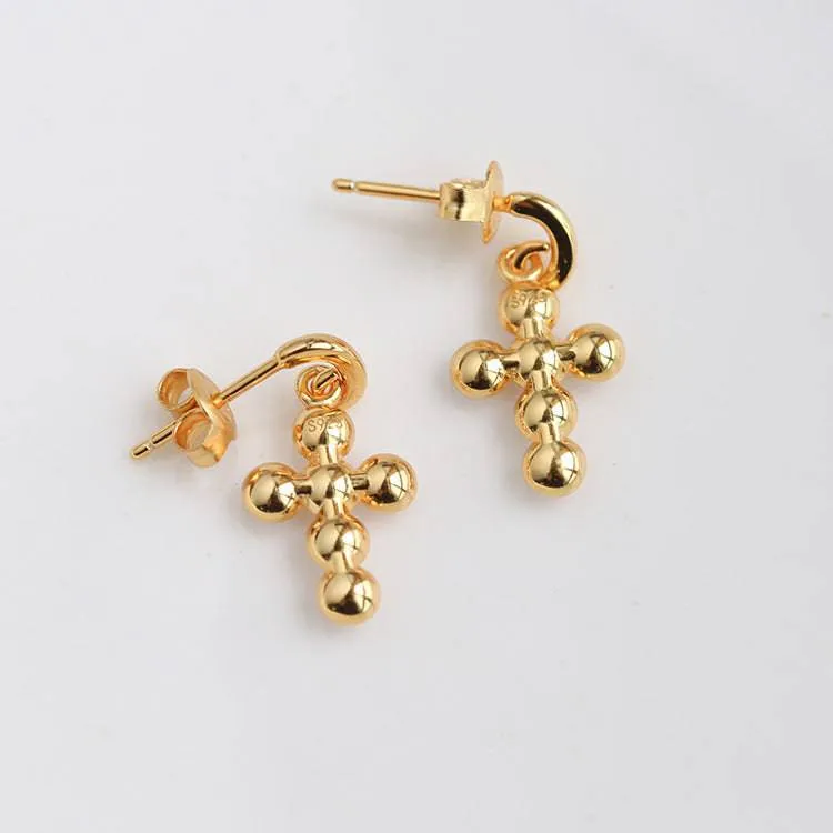 Vintage Cross Pearl Earrings Gold Vermeil