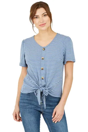 Yumi Blue Striped Jersey Button Detail Top